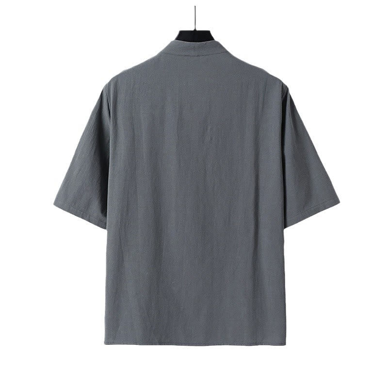 Camisa de lino y algodón con mangas tres cuartos y dos botones de color liso para hombre con estampado de Buddha Stones