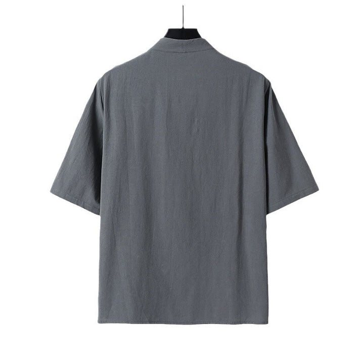 Camisa de lino y algodón con mangas tres cuartos y dos botones de color liso para hombre con estampado de Buddha Stones