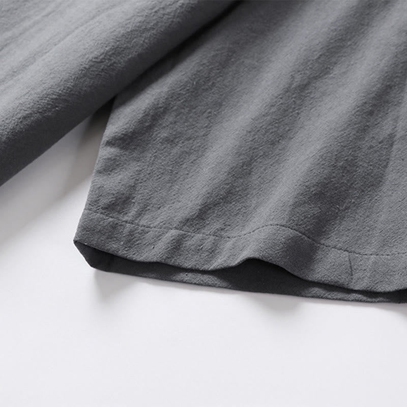 Camisa de lino y algodón con mangas tres cuartos y dos botones de color liso para hombre con estampado de Buddha Stones