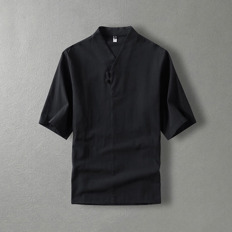 Camisa de algodón para hombre con cuello en V, manga tres cuartos, dos botones y color liso, informal, con Buddha Stones - Negro - US/UK/AU54, EU64 (9XL) - image 4