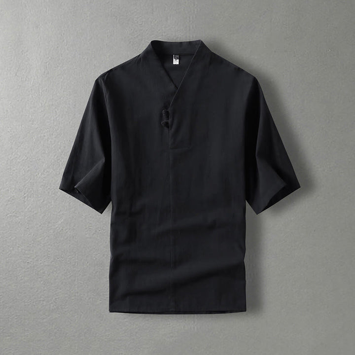 Camisa de algodón para hombre con cuello en V, manga tres cuartos, dos botones y color liso, informal, con Buddha Stones - Negro - US/UK/AU54, EU64 (9XL) - image 4
