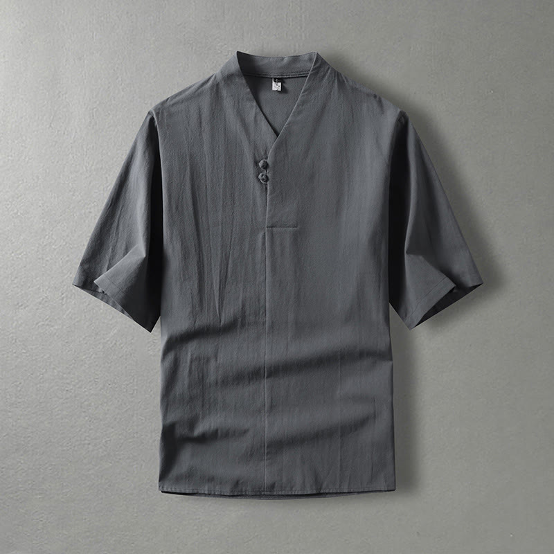 Camisa de algodón para hombre con cuello en V, manga tres cuartos, dos botones y color liso, informal, con Buddha Stones - Gris - US/UK/AU54, EU64 (9XL) - image 2