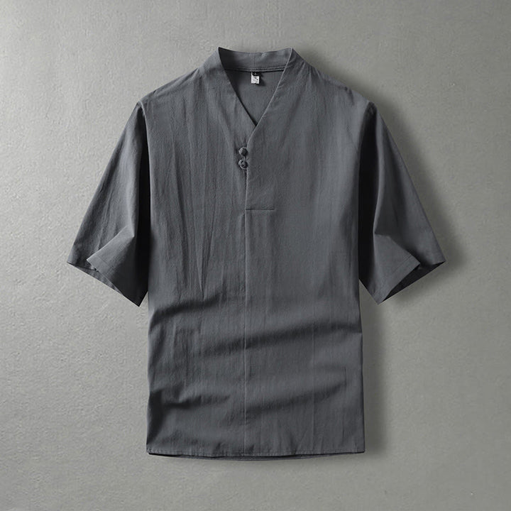 Camisa de algodón para hombre con cuello en V, manga tres cuartos, dos botones y color liso, informal, con Buddha Stones - Gris - US/UK/AU54, EU64 (9XL) - image 2