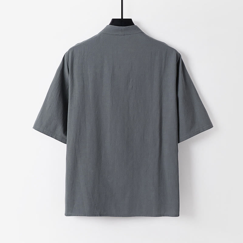 Camisa de algodón para hombre con cuello en V, manga tres cuartos, dos botones y color liso, informal, con Buddha Stones