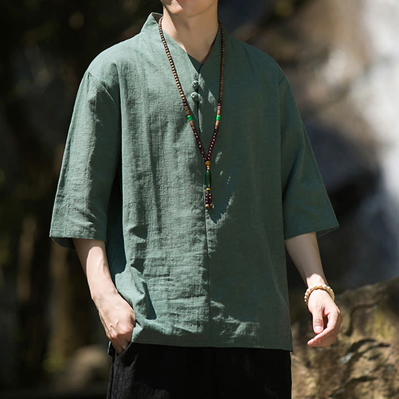 Camisa de lino y algodón con cuello en V, manga tres cuartos y dos botones, informal, de color liso, para hombre con Buddha Stones - image 15