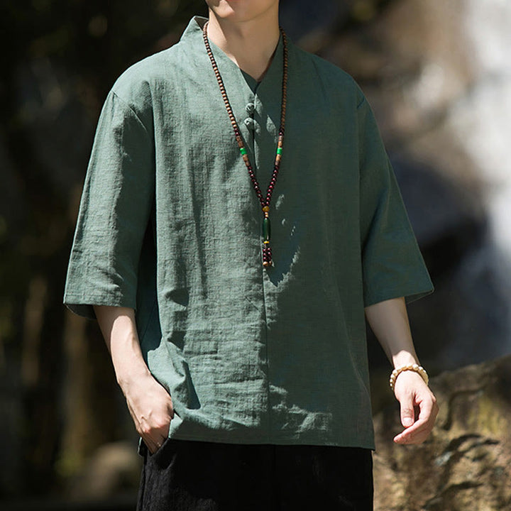 Camisa de lino y algodón con cuello en V, manga tres cuartos y dos botones, informal, de color liso, para hombre con Buddha Stones