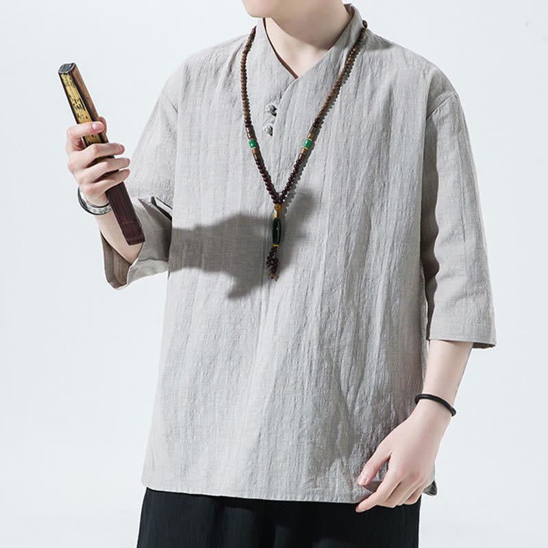 Camisa de lino y algodón con cuello en V, manga tres cuartos y dos botones, informal, de color liso, para hombre con Buddha Stones - image 7