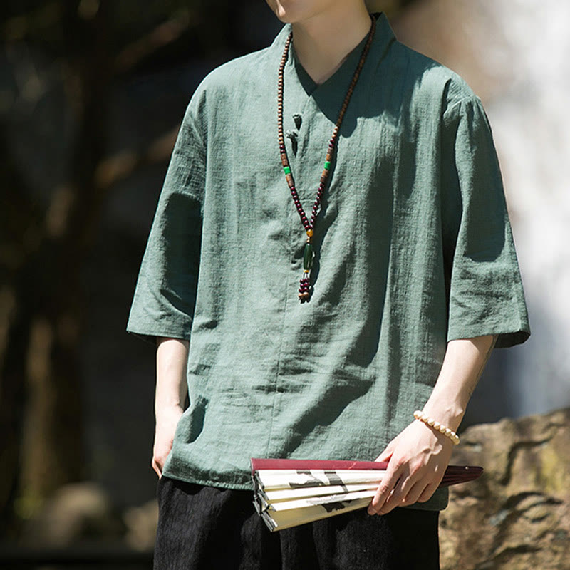 Camisa de lino y algodón con cuello en V, manga tres cuartos y dos botones, informal, de color liso, para hombre con Buddha Stones - image 13