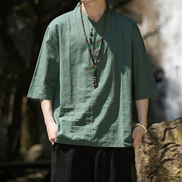 Camisa de lino y algodón con cuello en V, manga tres cuartos y dos botones, informal, de color liso, para hombre con Buddha Stones - image 16