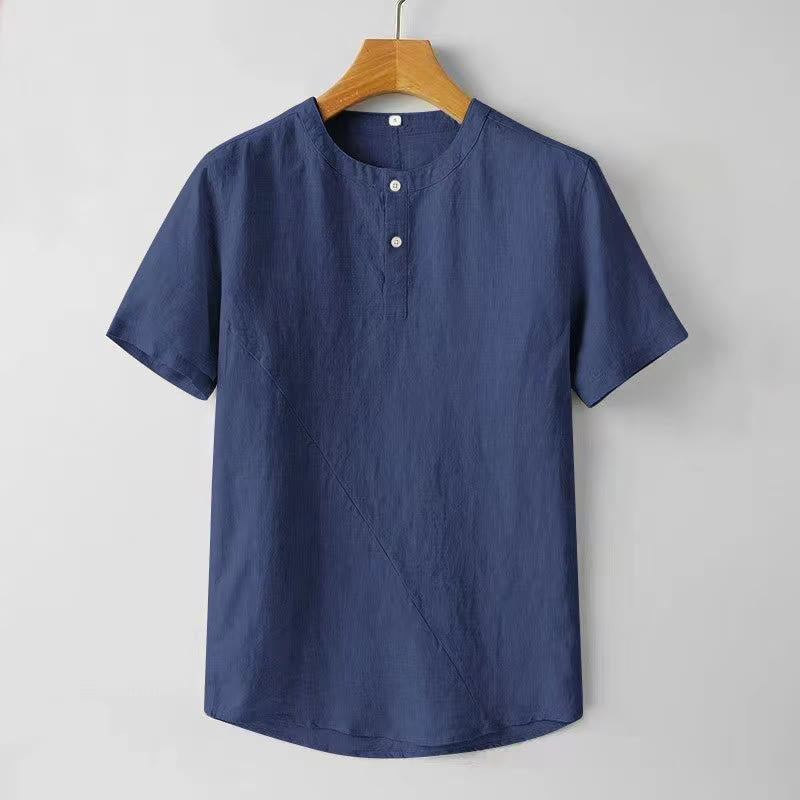 Camisa de lino y algodón con dos botones en la parte superior y manga corta de color liso con Buddha Stones para hombre - Azul oscuro - US/UK/AU44, EU54 (4XL) - image 0