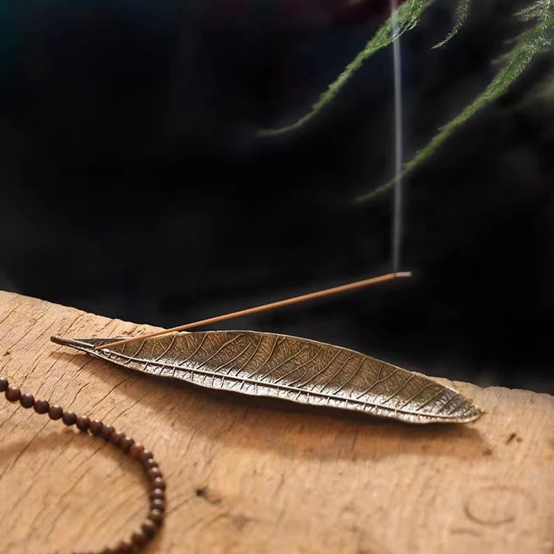 Quemador de incienso curativo con hojas orientales de aleación de Buddha Stones - Hoja marrón 24,6 x 5,3 x 1,4 cm - image 0