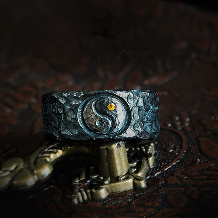 Anillo de equilibrio Yin Yang de plata de ley 999 con Buddha Stones - Plata de ley 999 YIN YANG - US11 - image 0