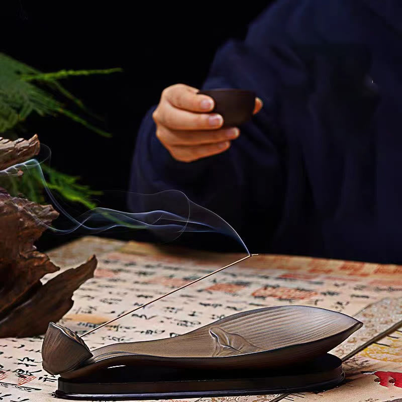 Quemador de incienso de cerámica marrón con forma de vaina de loto y Buddha Stones para curación zen - image 8