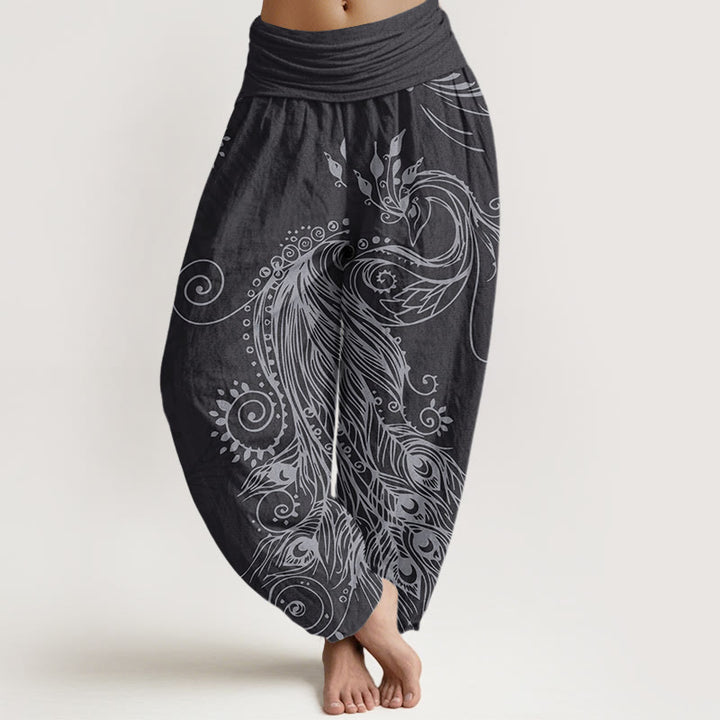 Pantalones harén con cintura elástica para mujer, diseño informal de pavo real y Buddha Stones - Negro - US22，UK/AU26，EU54 (6XL) - image 7