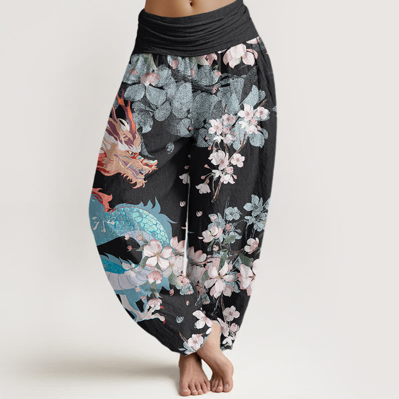 Pantalones harén con cintura elástica para mujer con diseño de flores de cerezo y dragón y Buddha Stones - Negro - US22，UK/AU26，EU54 (6XL) - image 1