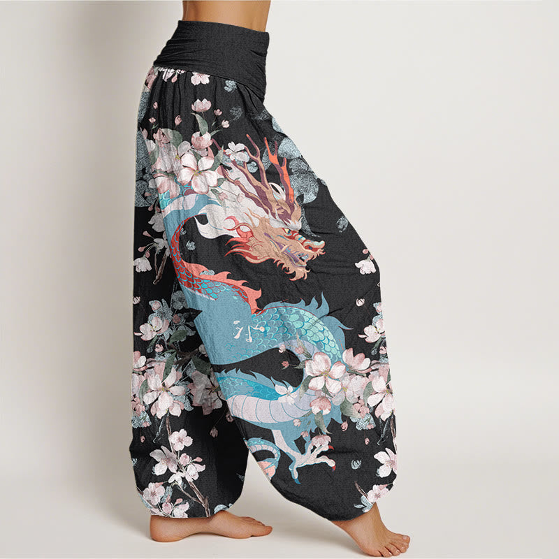 Pantalones harén con cintura elástica para mujer con diseño de flores de cerezo y dragón y Buddha Stones - image 2