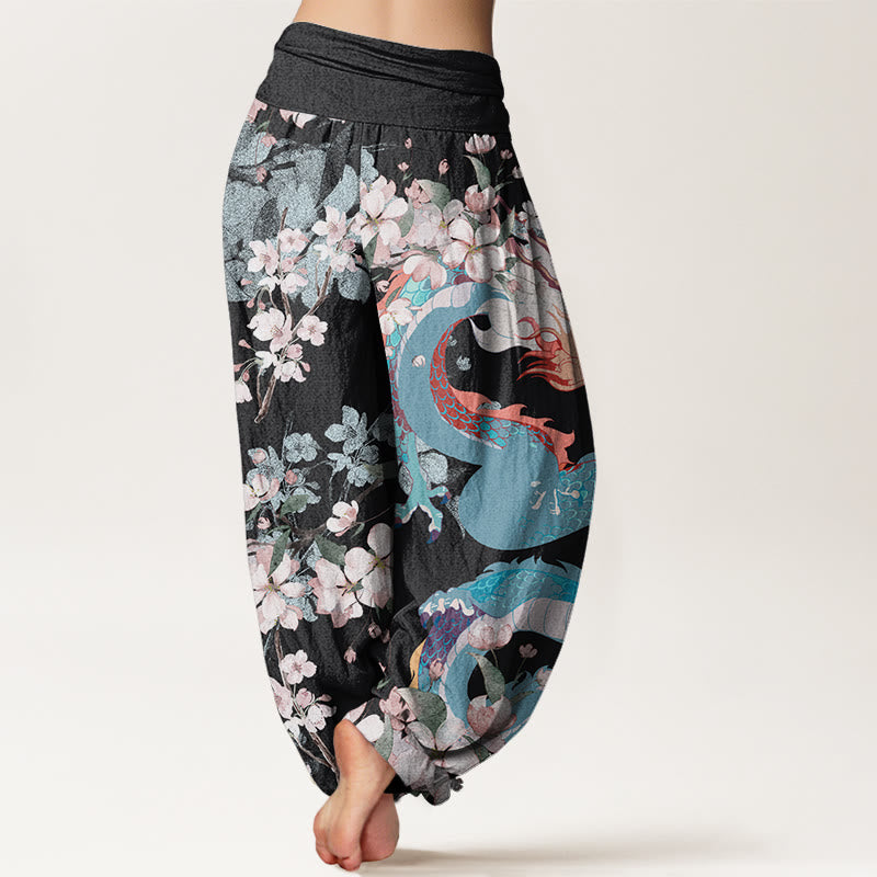 Pantalones bombachos de cintura elástica para mujer, de algodón, estilo casual, con estampado de dragones y flores de cerezo y piedras de Buddha Stones. - image 1