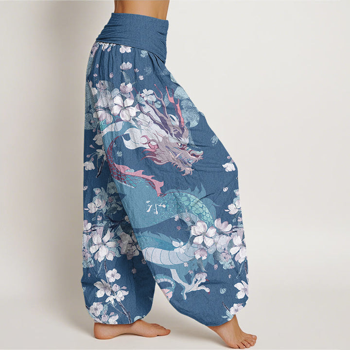Pantalones harén con cintura elástica para mujer con diseño de flores de cerezo y dragón y Buddha Stones - image 6