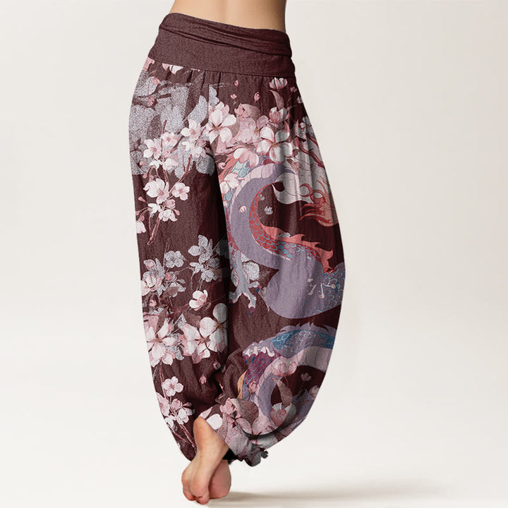 Pantalones harén con cintura elástica para mujer con diseño de flores de cerezo y dragón y Buddha Stones - image 8
