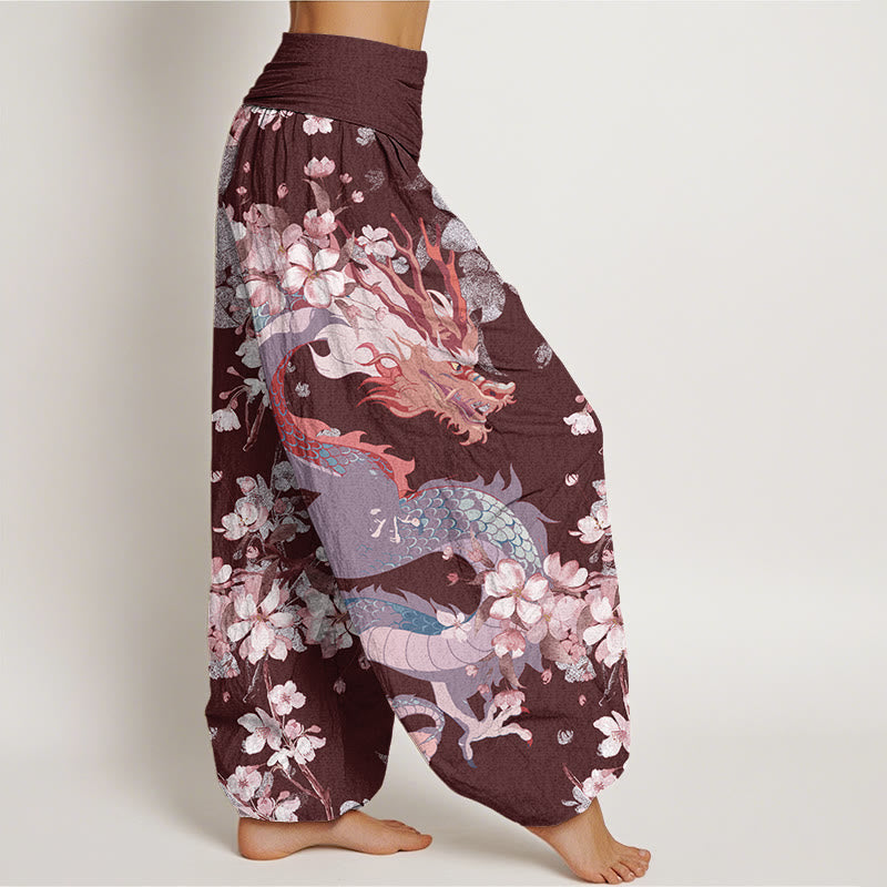 Pantalones bombachos de cintura elástica para mujer, de algodón, estilo casual, con estampado de dragones y flores de cerezo y piedras de Buddha Stones. - image 9