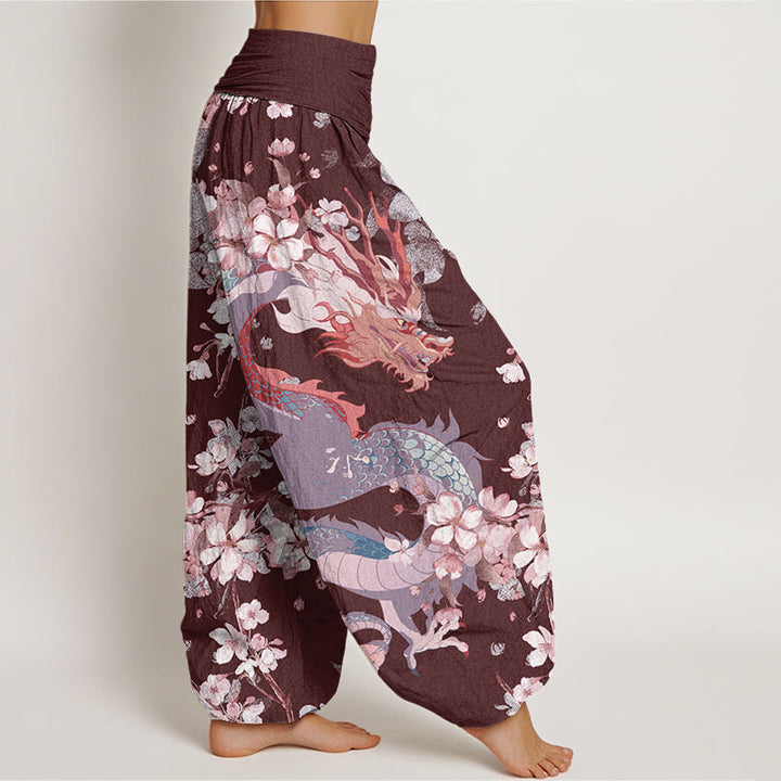Pantalones bombachos de cintura elástica para mujer, de algodón, estilo casual, con estampado de dragones y flores de cerezo y piedras de Buddha Stones. - image 9