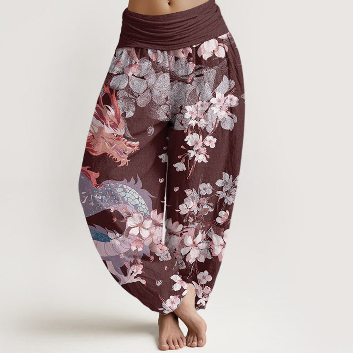 Pantalones bombachos de cintura elástica para mujer, de algodón, estilo casual, con estampado de dragones y flores de cerezo y piedras de Buddha Stones. - Granate - US22，UK/AU26，EU54 (6XL) - image 7