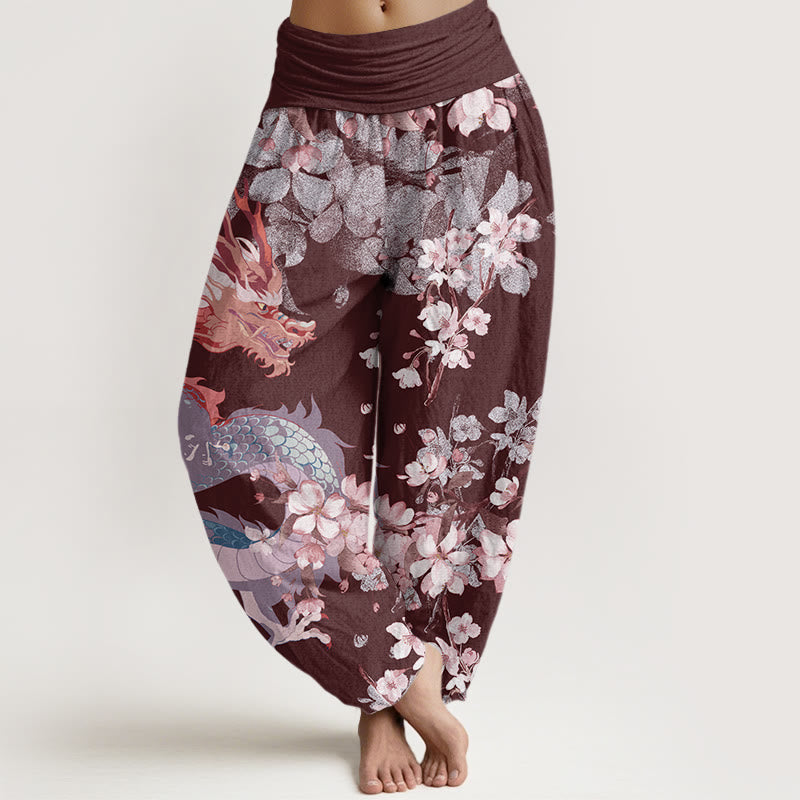 Pantalones harén con cintura elástica para mujer con diseño de flores de cerezo y dragón y Buddha Stones - Granate - US22，UK/AU26，EU54 (6XL) - image 7