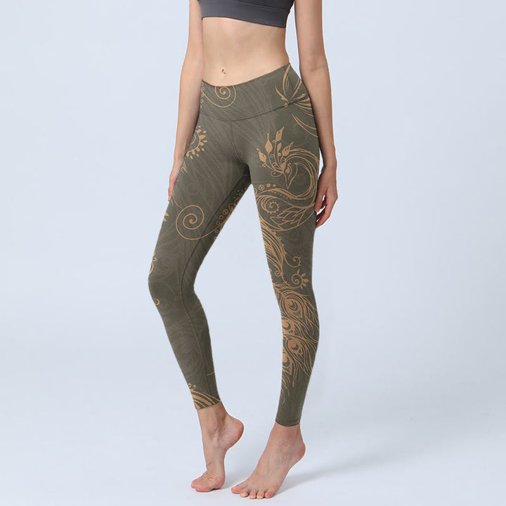 Leggings deportivos con estampado de plumas de pavo real y Buddha Stones para mujer - Verde oliva oscuro - US18，UK/AU22，EU50 (4XL) - image 1
