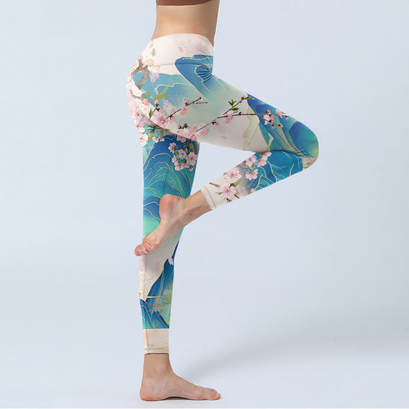 Leggings de yoga para mujer con estampado de flores de ciruelo, montañas y Buddha Stones - image 4