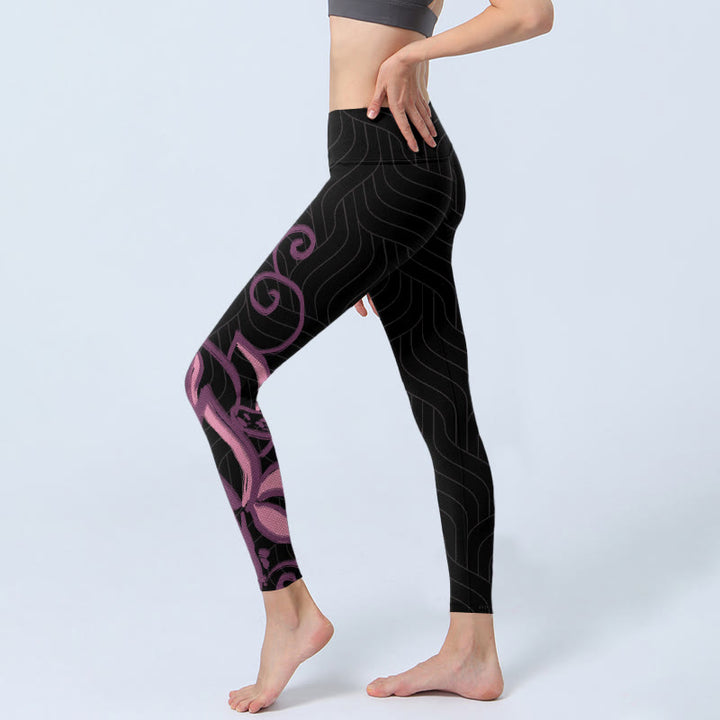 Leggings de yoga para mujer con estampado de flores de loto en color negro y rosa y Buddha Stones - image 2