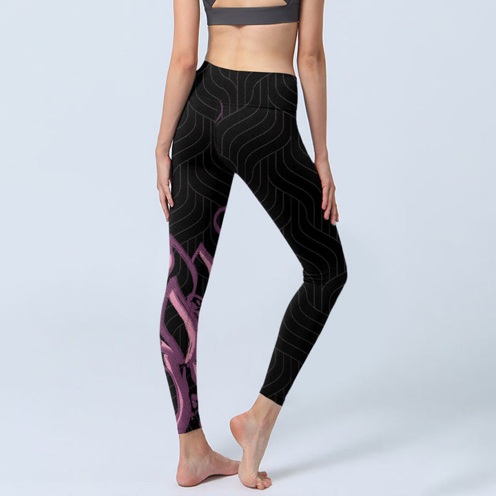 Leggings de yoga para mujer con estampado de flores de loto en color negro y rosa y Buddha Stones - image 5