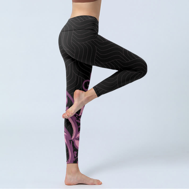 Leggings de yoga para mujer con estampado de flores de loto en color negro y rosa y Buddha Stones - image 4