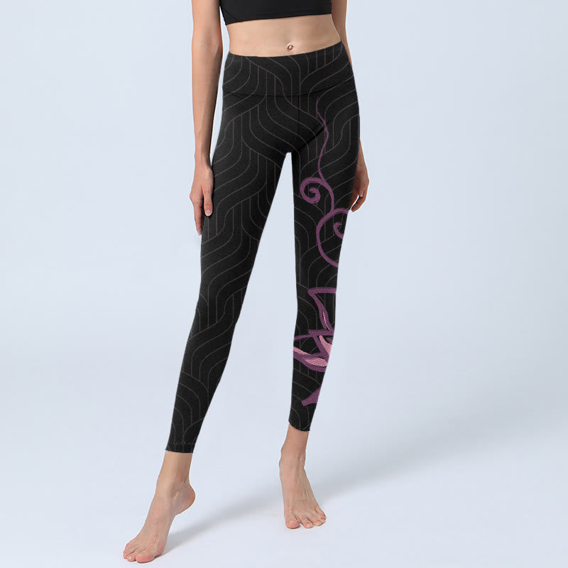Leggings de yoga para mujer con estampado de flores de loto en color negro y rosa y Buddha Stones - image 5