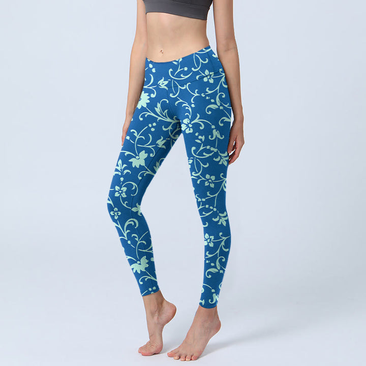 Leggings de yoga para mujer con estampado de flores, plantas y enredaderas y Buddha Stones - Azul acero - US18，UK/AU22，EU50 (4XL) - image 1