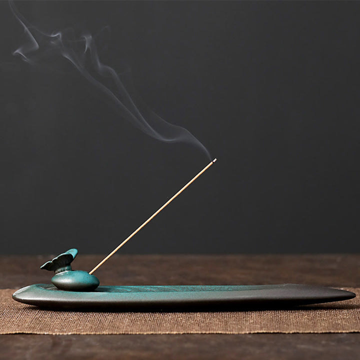 Quemador de incienso de cerámica curativo de bambú con forma de mariposa, tres Buddha Stones