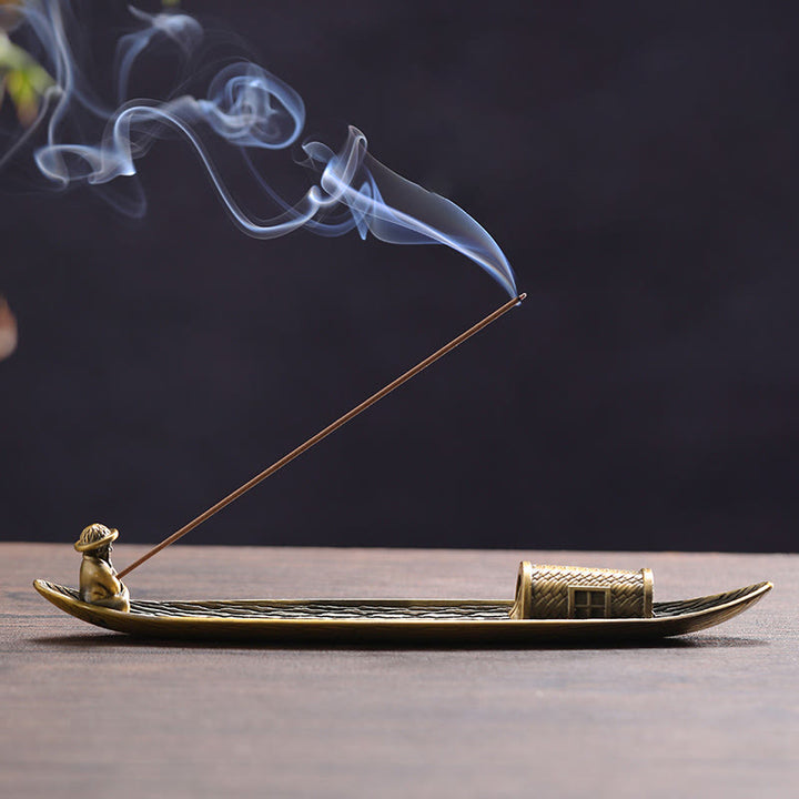 Quemador de incienso de aleación con forma de barco de pescador y Buddha Stones, quemador de incienso curativo decorativo - 22,5 x 4,2 x 3,5 cm - image 0