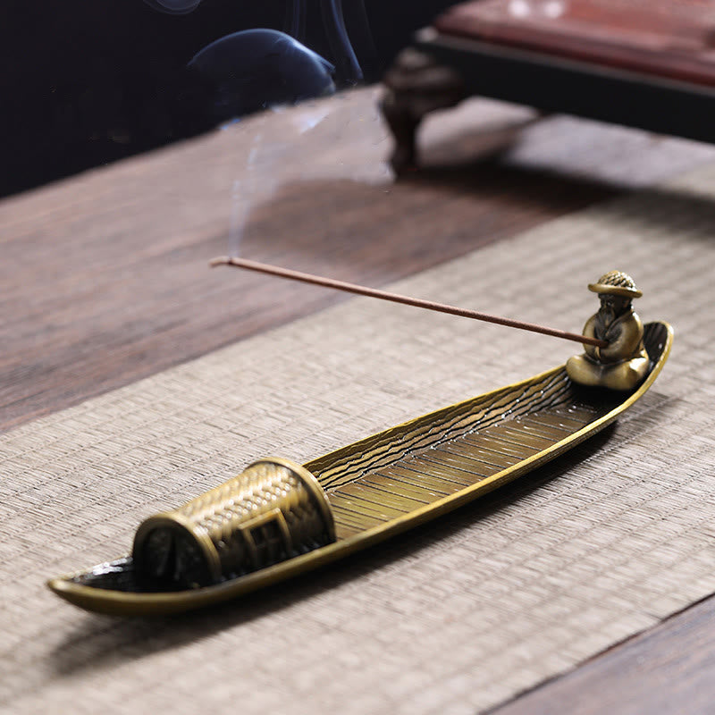 Quemador de incienso de aleación con forma de barco de pescador y Buddha Stones, quemador de incienso curativo decorativo - image 3