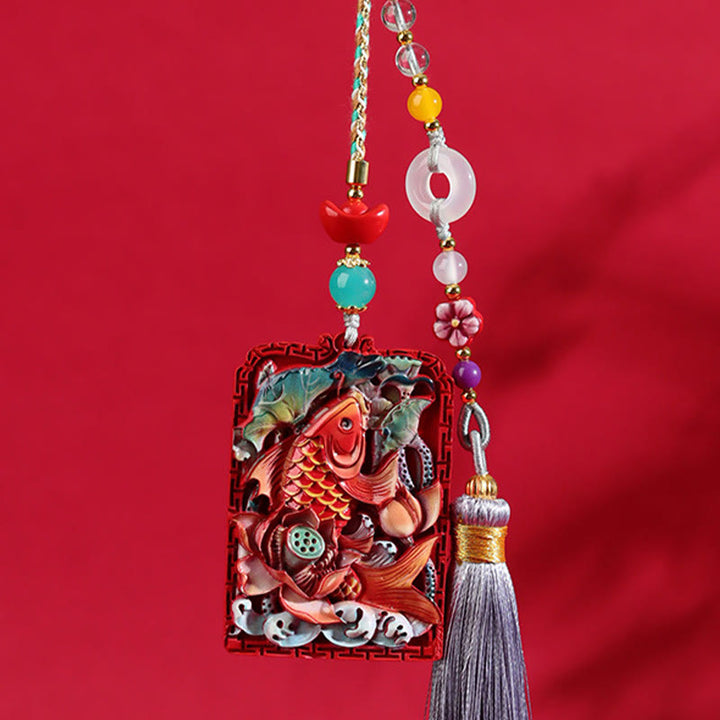 Buddha Stones con cinabrio natural, pez koi, diseño de loto, bendición, paz, hebilla, decoración colgante para coche