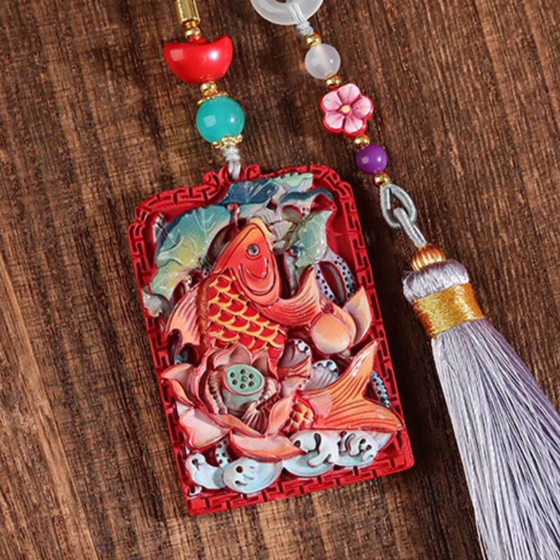 Buddha Stones con cinabrio natural, pez koi, diseño de loto, bendición, paz, hebilla, decoración colgante para coche