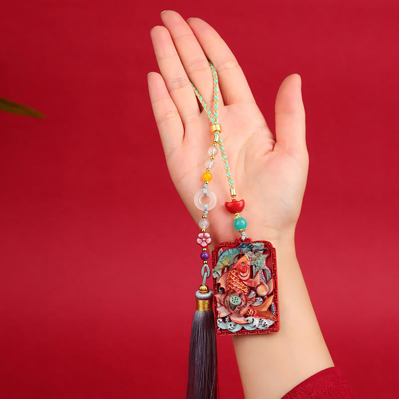 Buddha Stones con cinabrio natural, pez koi, diseño de loto, bendición, paz, hebilla, decoración colgante para coche