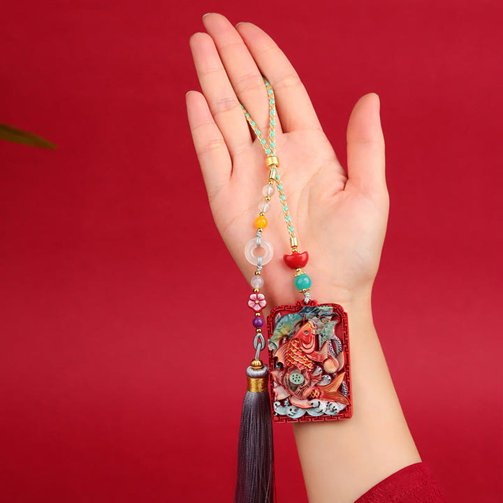 Buddha Stones con cinabrio natural, pez koi, diseño de loto, bendición, paz, hebilla, decoración colgante para coche