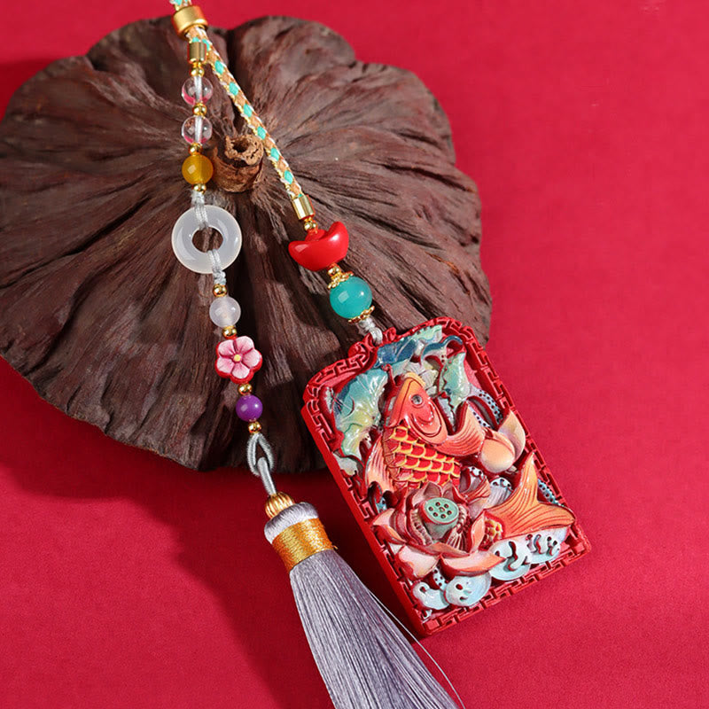 Buddha Stones con cinabrio natural, pez koi, diseño de loto, bendición, paz, hebilla, decoración colgante para coche