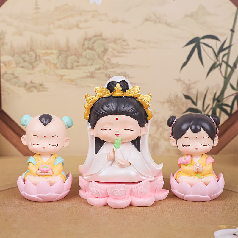 Estatua de resina para niño y niña con diseño de loto de Avalokitesvara y Buddha Stones para meditación, armonía y decoración del hogar - image 1
