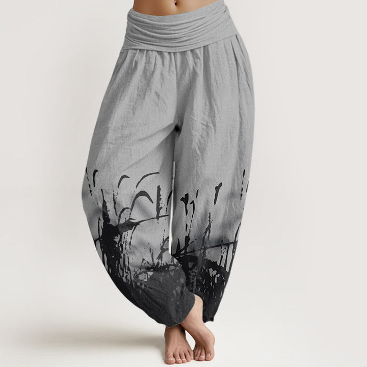 Pantalones harén con cintura elástica para mujer con estampado de hierba silvestre y Buddha Stones - Gris - US22，UK/AU26，EU54 (6XL) - image 1