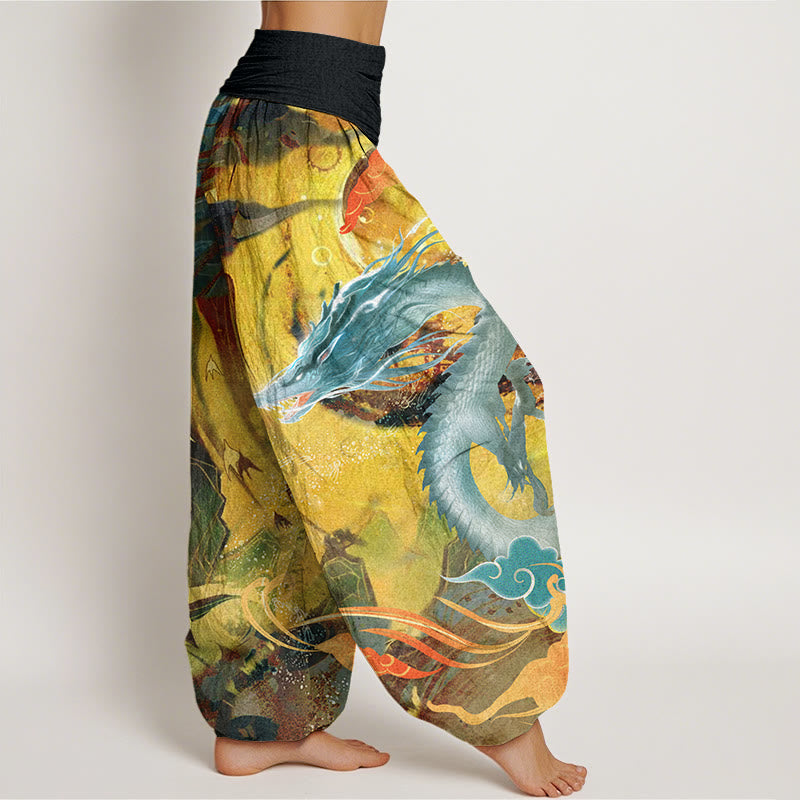 Pantalones harén con cintura elástica para mujer con diseño de nubes auspiciosas, dragón y Buddha Stones
