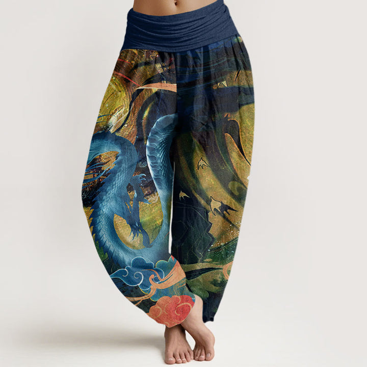 Pantalones harén con cintura elástica para mujer con diseño de nubes auspiciosas, dragón y Buddha Stones
