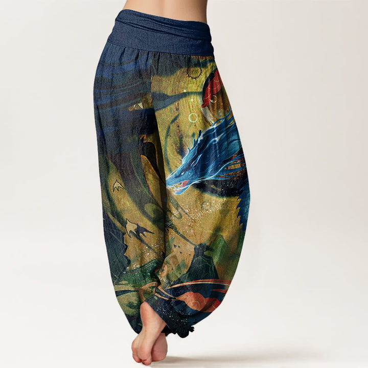 Pantalones harén con cintura elástica para mujer con diseño de nubes auspiciosas, dragón y Buddha Stones