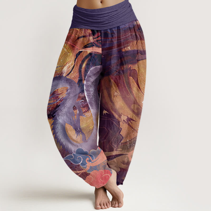 Pantalones harén con cintura elástica para mujer con diseño de nubes auspiciosas, dragón y Buddha Stones