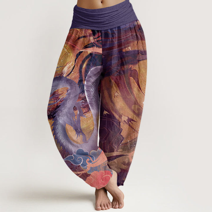 Pantalones harén con cintura elástica para mujer con diseño de nubes auspiciosas, dragón y Buddha Stones