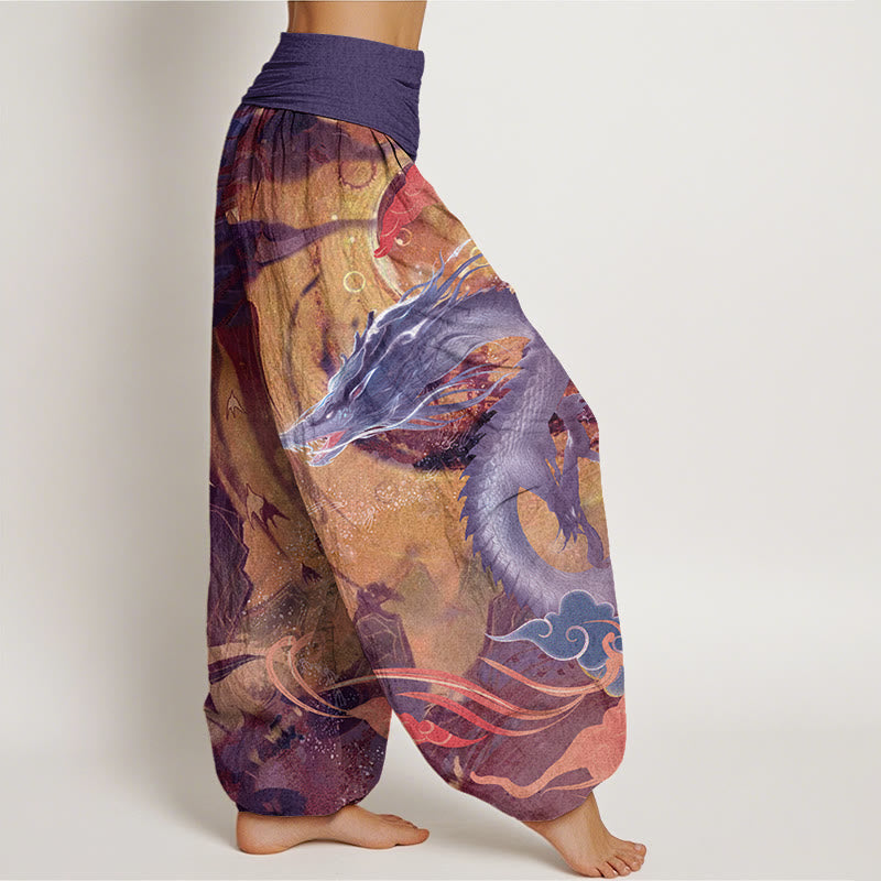 Pantalones harén con cintura elástica para mujer con diseño de nubes auspiciosas, dragón y Buddha Stones